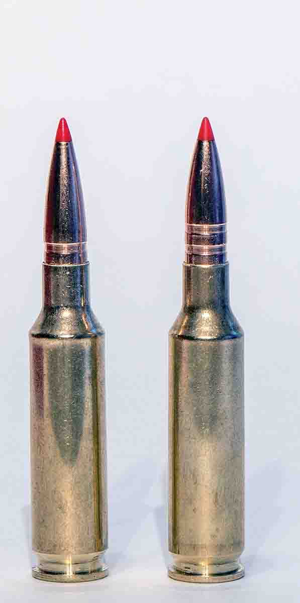 With the exception of the neck, the 6.5 Creedmoor and the .257 Wildcat (right) are identical cartridges. They are almost indistinguishable.